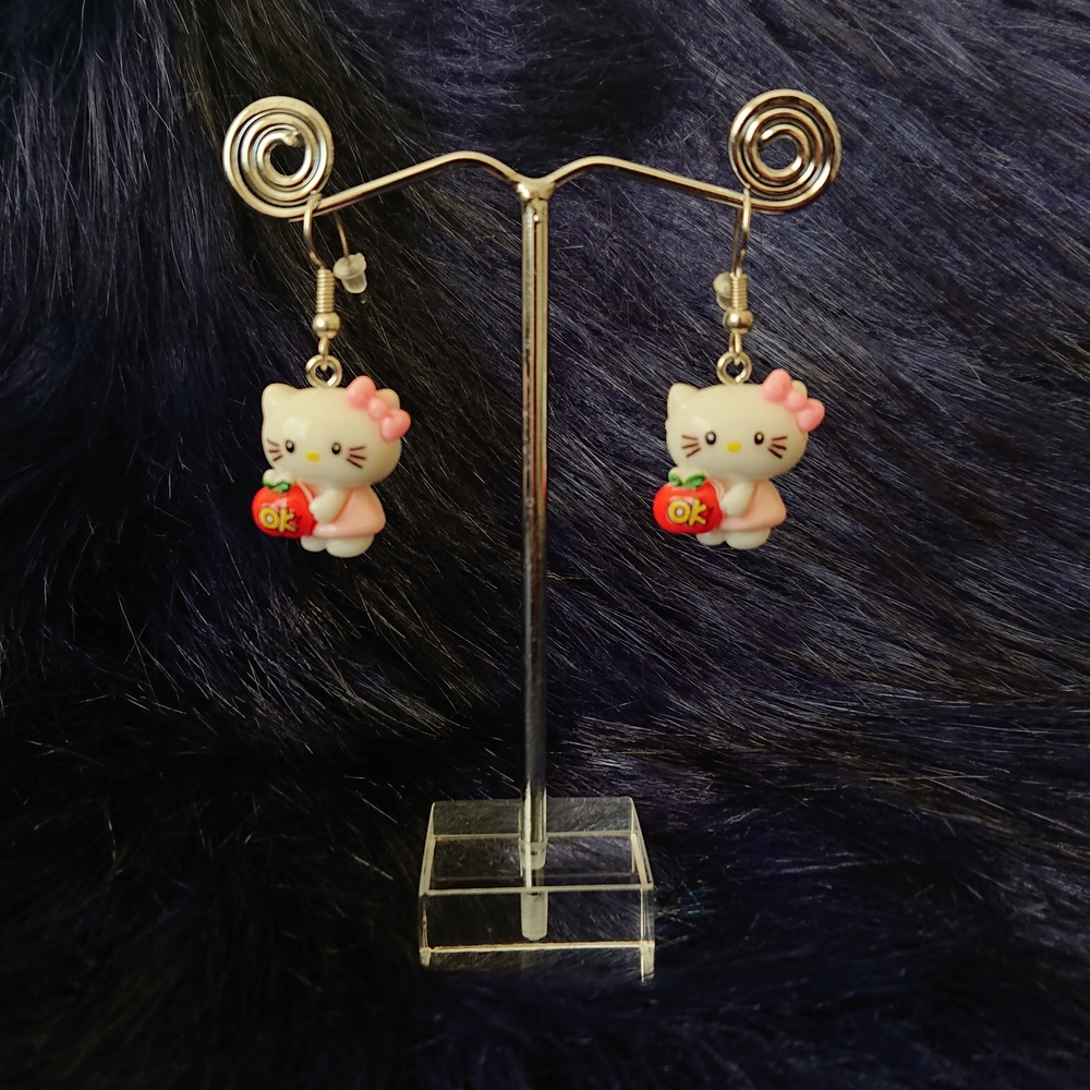 Cute Hello Kitty Earrings with Pink Bow and Apple